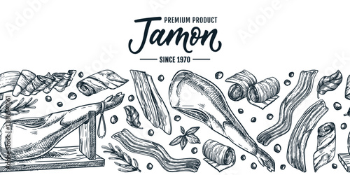 Iberian pork jamon seamless horizontal background. Vector hand drawn sketch illustration. Food package design elements