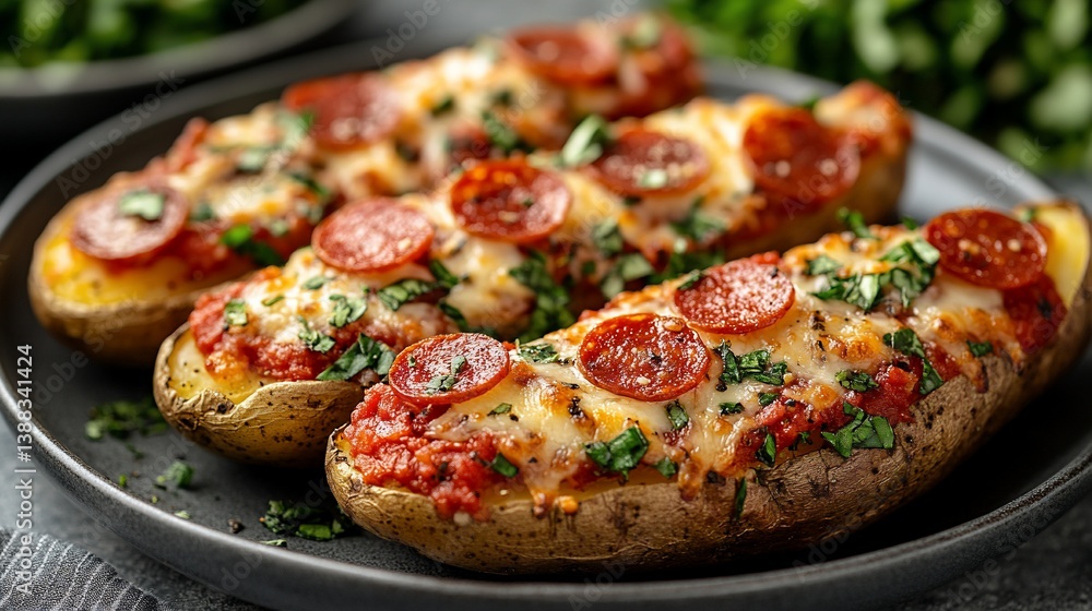 Baked potato halves topped with pizza sauce, cheese, and pepperoni. Baked potato halves topped with pizza sauce, cheese, and pepperoni.
