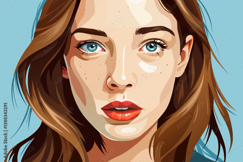 vector of Close-up portrait of a young woman with piercing eyes, freckles and full lips, against a light blue background vector of Close-up portrait of a young woman with piercing eyes, freckles and full lips, against a light blue background
