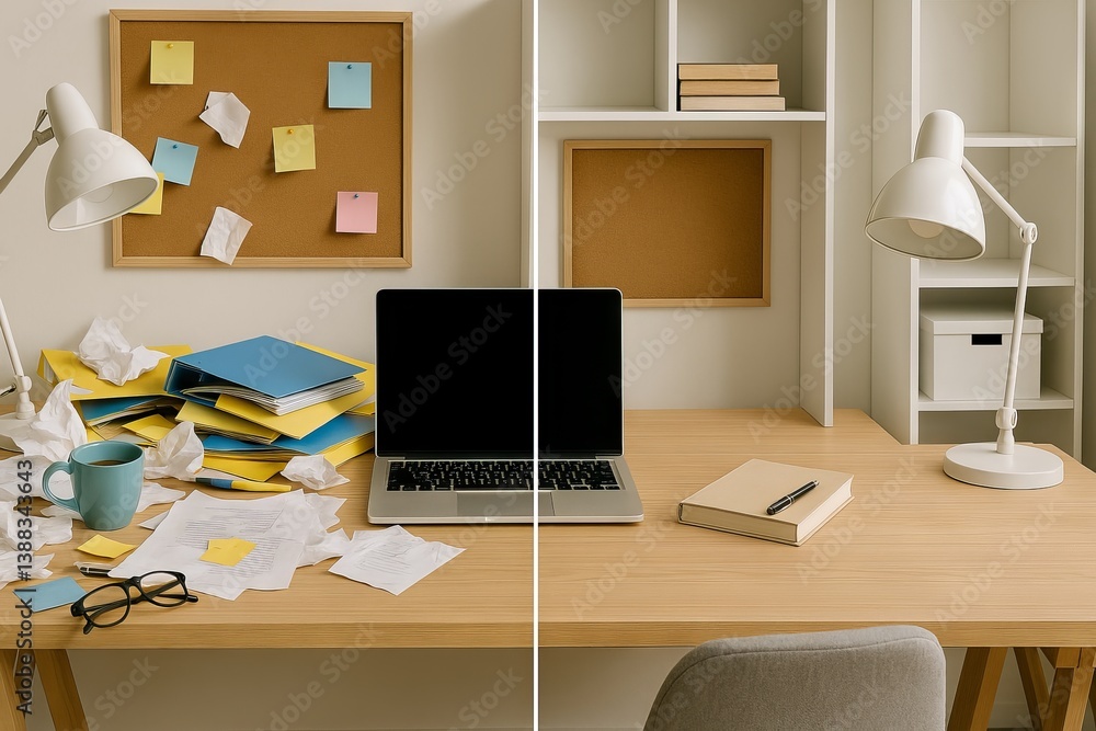 Before and after of home office desk organization with cluttered workspace transformed into clean minimalist setup. Concept of cleaning, productivity, home organization, workspace transformation