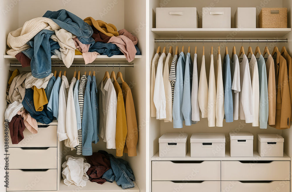 custom made wallpaper toronto digitalBefore and after closet organization with messy piles of clothes transformed into tidy wardrobe with neatly arranged outfits. Concept of home storage, fashion organization, declutter