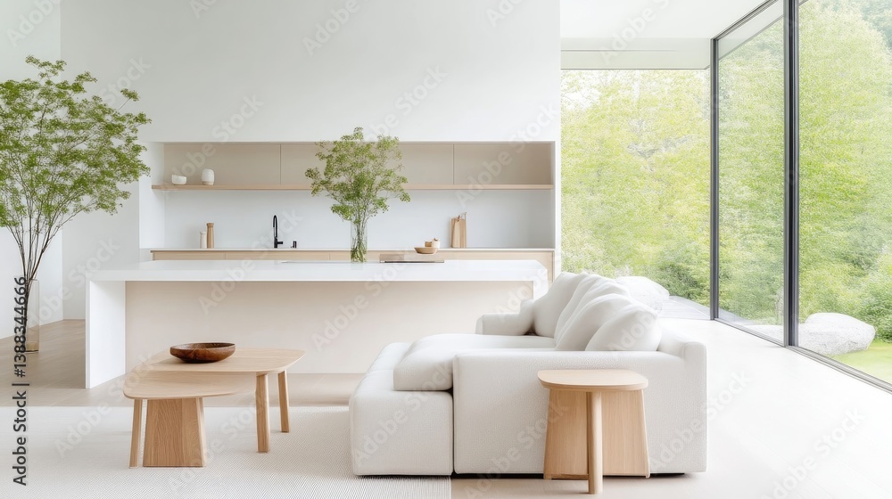 Fototapeta premium Modern minimalist living room with natural light and wood accents