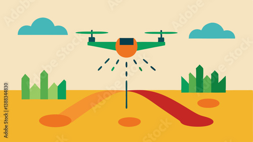 Precision Agriculture A drone is depicted analyzing specific sections of a large field with colorcoded segments indicating varying growth conditions and treatment needs.