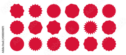 Starburst sticker, circle price tag, red sun shape, sale label, round stamp promotion, scallop button, bubble zigzag edge set isolated on white background. Wavy vector illustration