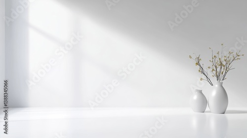 Wallpaper Mural Two white vases sit on a white floor against a white wall. A small arrangement of dried flowers adorns the larger vase. Sunlight streams through a window, casting soft shadows. The image is minimalis Torontodigital.ca
