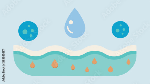 Moisture Retention An illustration showing exosomes helping skin retain moisture depicted through water droplets and a plump skin layer indicating hydration and firmness.