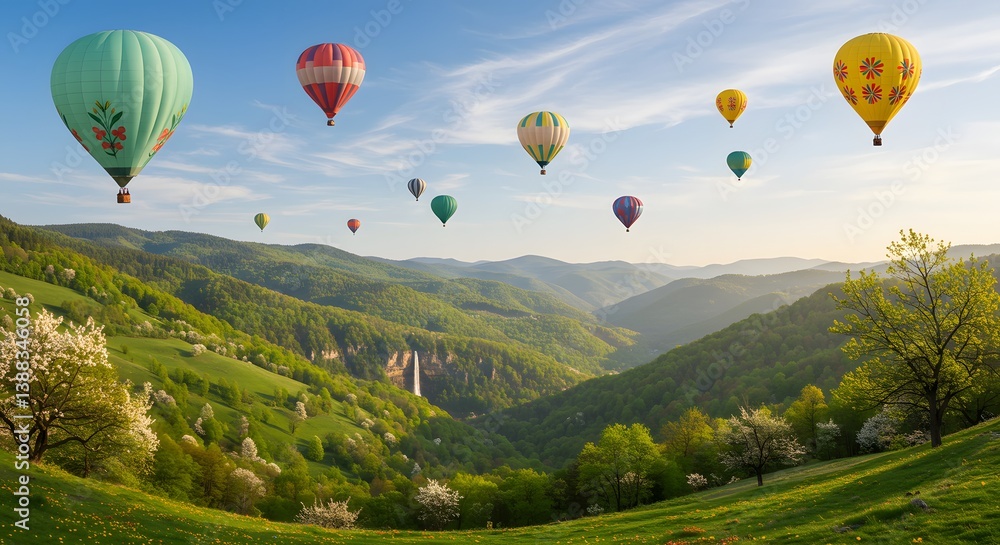 Fototapeta premium Hot Air Balloons Flying Over Green Valley with Waterfall Landscape