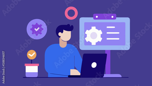 Continuous Improvement A developer in a focused pose adjusting parameters on a screen with a background of a clock to symbolize ongoing optimization for the chatbots learning and