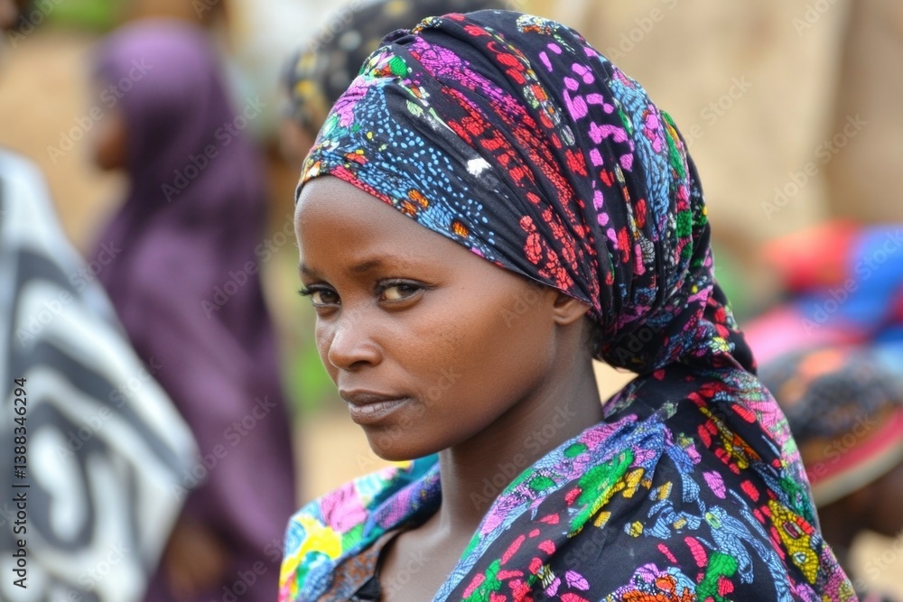 Fototapeta premium Young african female in colorful headscarf with thoughtful expression