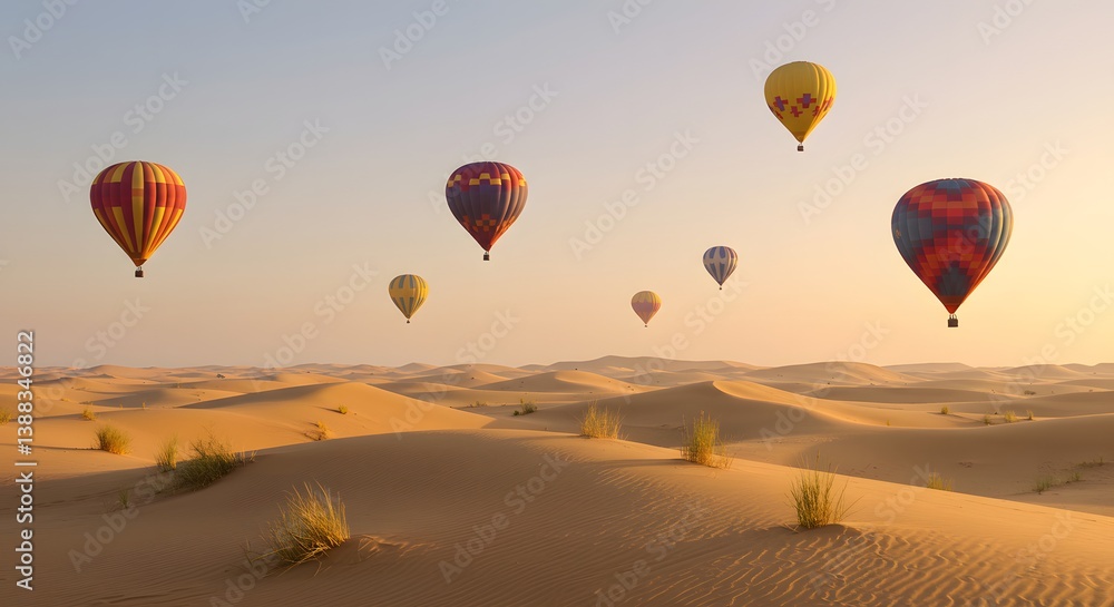 Obraz premium Hot Air Balloons Flying Over Sand Dunes at Sunrise Adventure