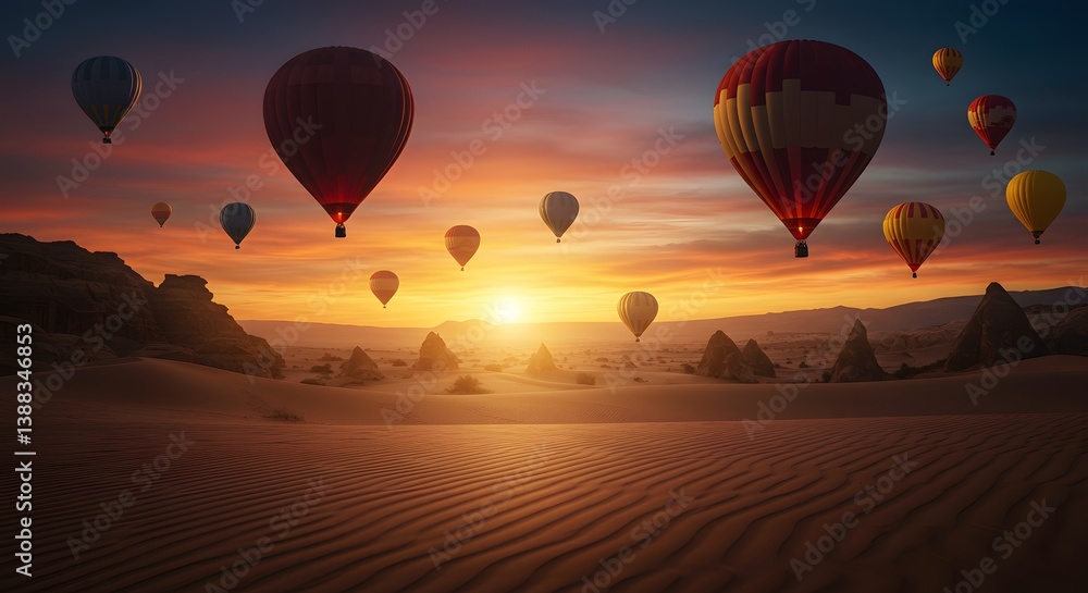 Fototapeta premium Hot Air Balloons Flying Over Desert Landscape at Sunrise Adventure