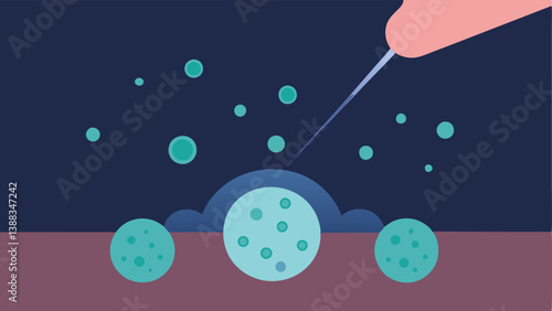 Nanoparticle Application An illustration of small nanoparticles being applied to a skin surface targeting dark spots with glowing particles to indicate their action on uneven skin.