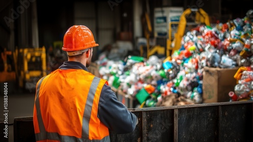Worker working in recycling center with recyclable waste.