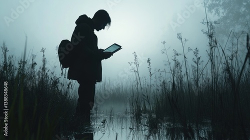 Person Using Tablet in Foggy Marsh Landscape with Backpack Silhouette