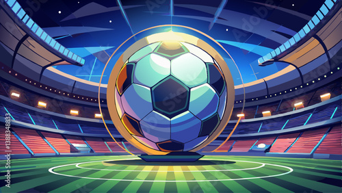 
Close up of a soccer ball in the center of the stadium illuminated by the headlights