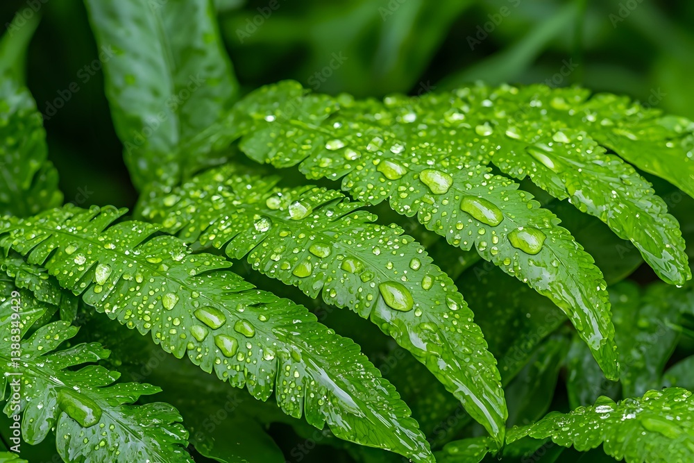 Fresh green fern leaves covered with morning dew drops in natural environment, macro nature photography showing plant details and water pearls.