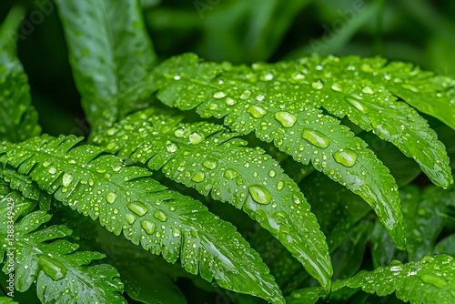 Obraz na płótnie Fresh green fern leaves covered with morning dew drops in natural environment, macro nature photography showing plant details and water pearls. w salonie