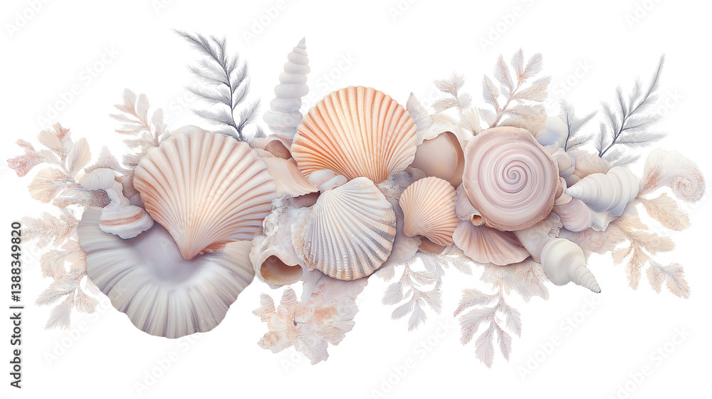 Obraz premium Cute seashells arrangement in soft pastel tones, delicate and clean layout, PNG on white background