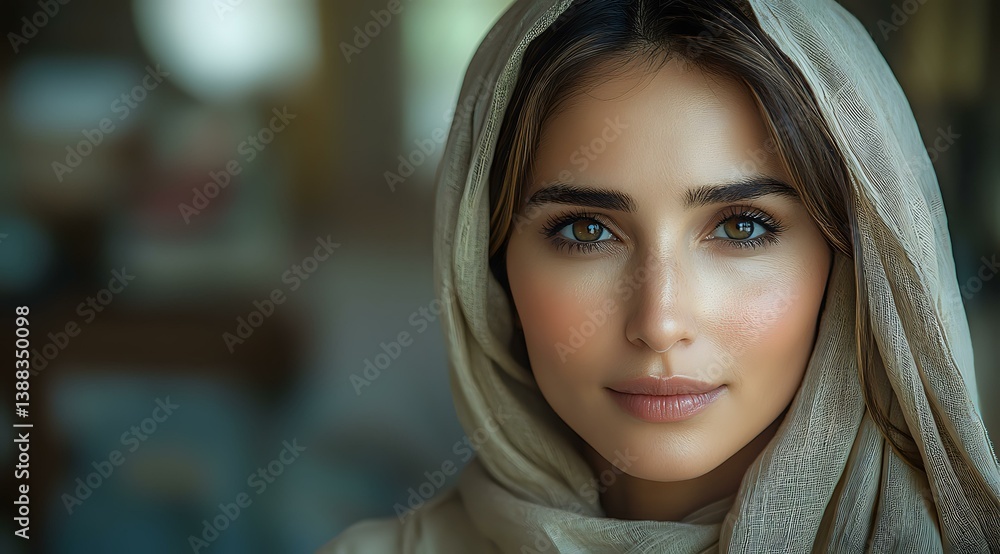 Young woman with bright blue eyes and gentle smile wearing light headscarf, soft natural makeup and radiant complexion against blurred background. Spiritual portrait. Young woman with bright blue eyes and gentle smile wearing light headscarf, soft natural makeup and radiant complexion against blurred background. Spiritual portrait.