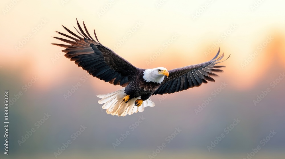 Naklejka premium A bald eagle soars, wings outstretched in a graceful flight. The image features a blurred, soft-toned background suggesting a sunrise or sunset. High-quality, sharp detail captures the eagles feather