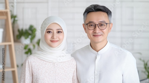 A high-resolution photo depicts a Muslim woman in a white hijab and a man in a white shirt. They stand close together, smiling directly at the camera. The bright, softly lit image creates a peaceful