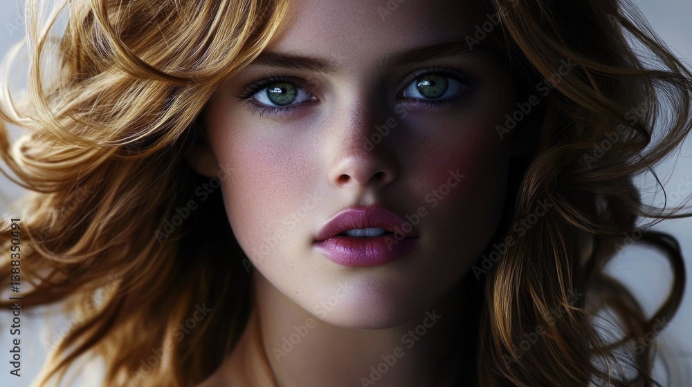 Naklejka premium Young caucasian female with curly blonde hair and blue eyes