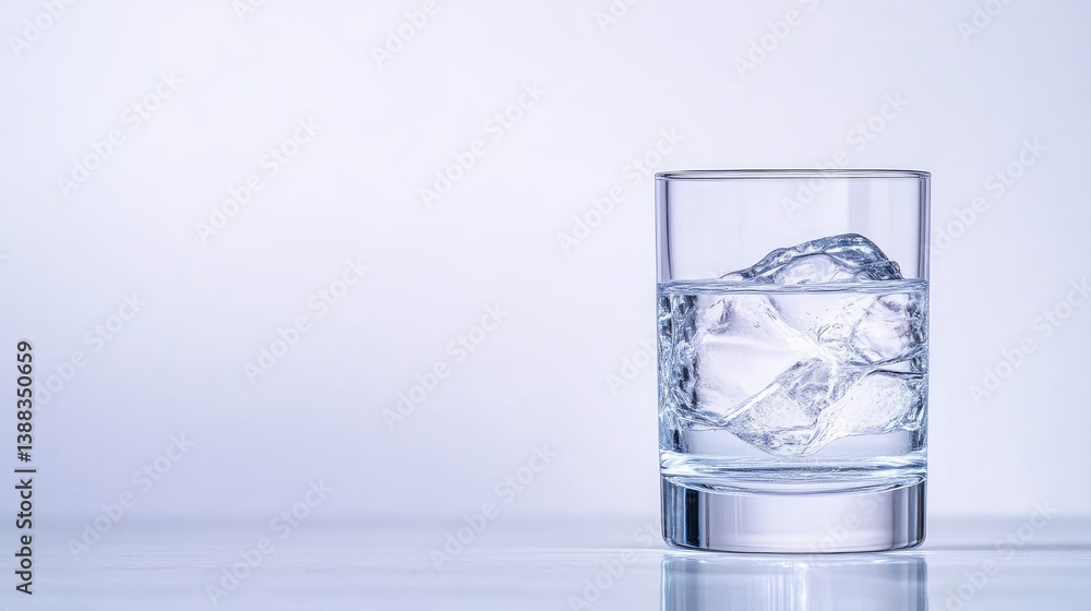 A clear glass of water with ice cubes on a minimalist white background, showcasing transparency and refreshment, and simple and clean composition. A clear glass of water with ice cubes on a minimalist white background, showcasing transparency and refreshment, and simple and clean composition.