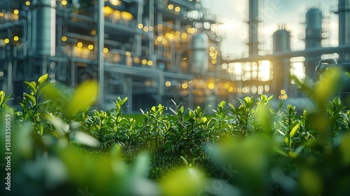 A conceptual design of a carbon capture plant on an offshore platform, surrounded by the ocean and green energy sources.