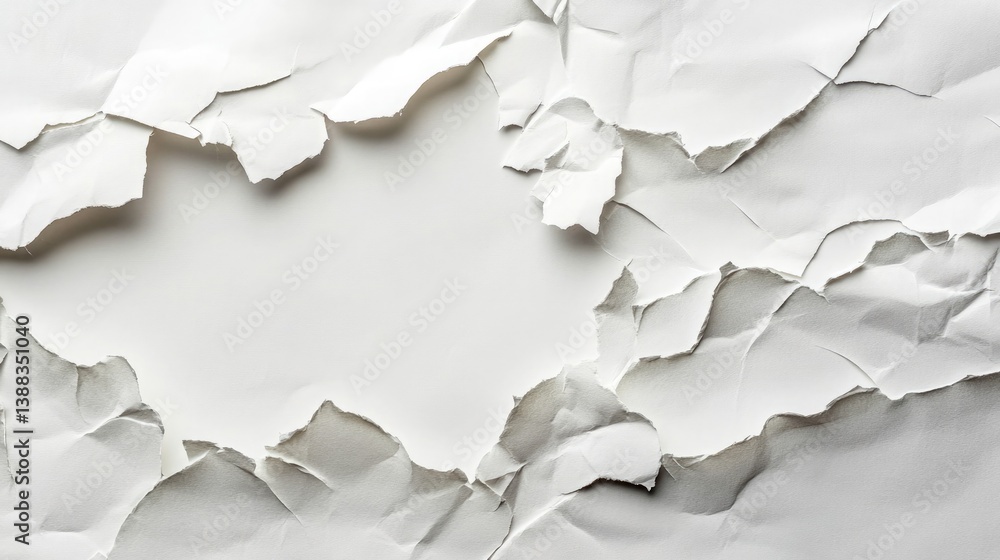 Crumpled White Paper Fragments Forming an Irregular Border Around a Blank Central Space, Symbolizing Chaos and the Potential for Creative Transformation Crumpled White Paper Fragments Forming an Irregular Border Around a Blank Central Space, Symbolizing Chaos and the Potential for Creative Transformation