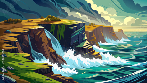 Rough coastal waters meeting steep cliffs as sea spray fills the air in a moody setting