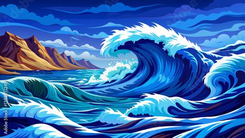 Deep blue rough sea with aggressive waves hitting the shoreline, wind-blown and wild