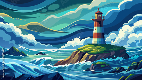 A lonely lighthouse stands tall amidst raging waves and heavy winds.
