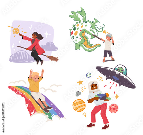 Playful overjoyed kids cartoon character enjoying fantasy games using wide imagination isolated set