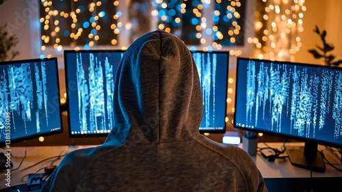 Hacker in Hoodie Working on Multiple Monitors with Digital Code and Christmas Lights

