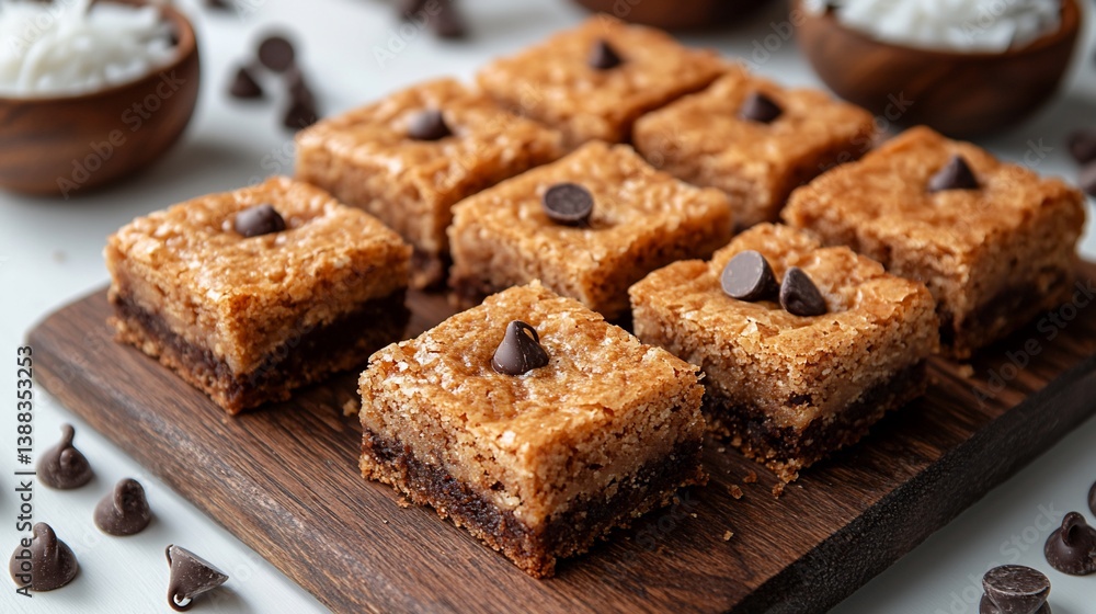 Fototapeta premium Delicious coconut chocolate chip dessert bars on wooden board.