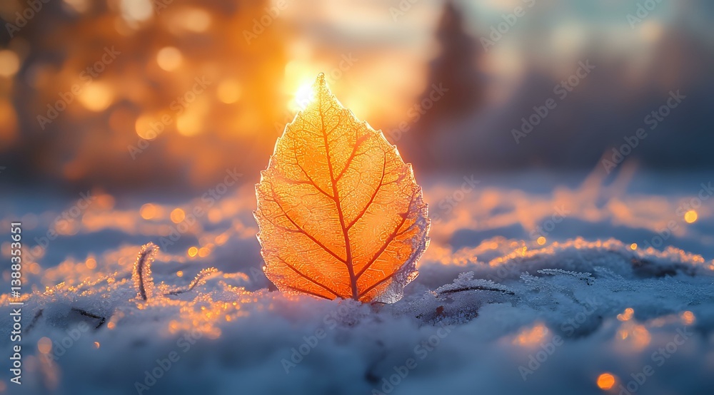 Orange autumn leaf backlit by golden sunlight on snowy ground with dreamy bokeh background creates magical winter nature scene with warm and cold contrast. Orange autumn leaf backlit by golden sunlight on snowy ground with dreamy bokeh background creates magical winter nature scene with warm and cold contrast.