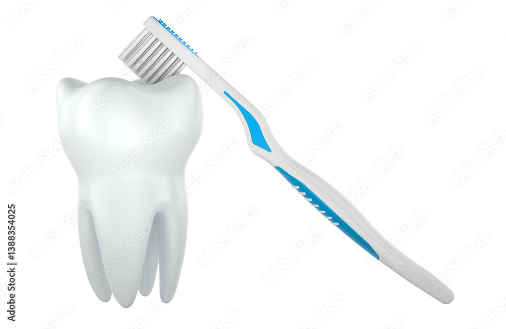 Tooth and toothbrush, 3D rendering isolated on transparent background