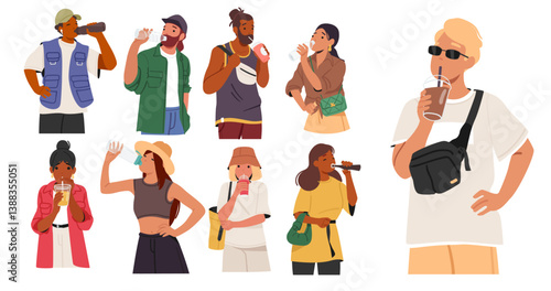 Diverse people cartoon characters drinking beverage from bottles, takeaway cups isolated set