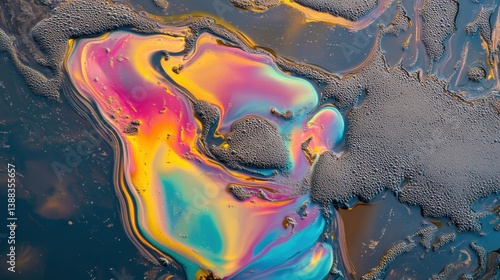 Rainbow color spilled oil on ground. Water pollution and environment conservation topic.