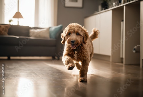 goldendoodle dog playing happy in interiors of a cozy apartment, doggy running at home in a warm apartment, pet inside a room of the house