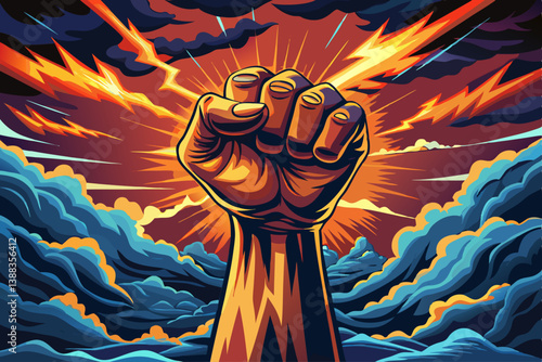 vector of A powerful image of a clenched fist raised in anger, against a backdrop of a stormy sky, suggests the turmoil of emotion. The light that illuminates the fist creates a dramatic