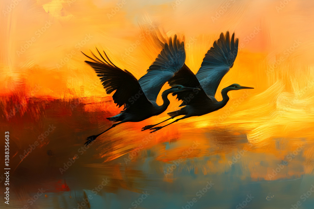 Obraz premium Two Birds Flying Against A Colorful Painted Sky Background