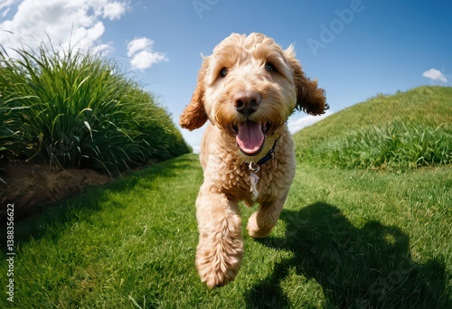 goldendoodle dog running in the countryside, pet playing outdoors in the natural meadown, small purebred doggy in the nature