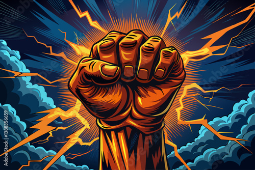 vector of A powerful image of a clenched fist raised in anger, against a backdrop of a stormy sky, suggests the turmoil of emotion. The light that illuminates the fist creates a dramatic
