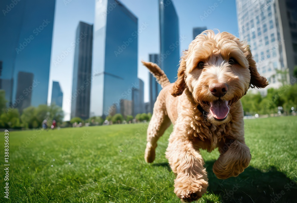 goldendoodle dog running happy on the green grass meadown of a urban park, in a modern city, under blue sky, adorable puppy playing outdoors, pet between the skyscrapers goldendoodle dog running happy on the green grass meadown of a urban park, in a modern city, under blue sky, adorable puppy playing outdoors, pet between the skyscrapers