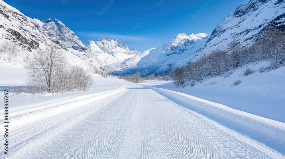 A snow-covered road stretches between towering snow-capped mountains under a clear blue sky. Sparse, snow-laden trees line the roads sides. The image is high-resolution, with crisp details and bright A snow-covered road stretches between towering snow-capped mountains under a clear blue sky. Sparse, snow-laden trees line the roads sides. The image is high-resolution, with crisp details and bright