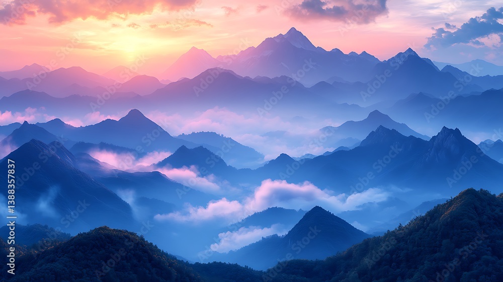 Fototapeta premium A scenic mountain view bathed in the soft hues of a lo-fi sunset, layers of misty peaks fading into a dreamy gradient sky,