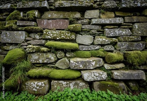 A stone wall with moss growing on it.