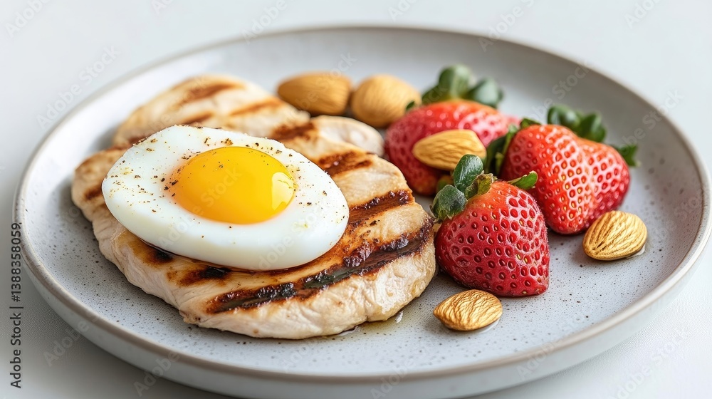 Grilled chicken breast with sunny-side-up egg, strawberries, and almonds. Healthy and balanced meal Grilled chicken breast with sunny-side-up egg, strawberries, and almonds. Healthy and balanced meal
