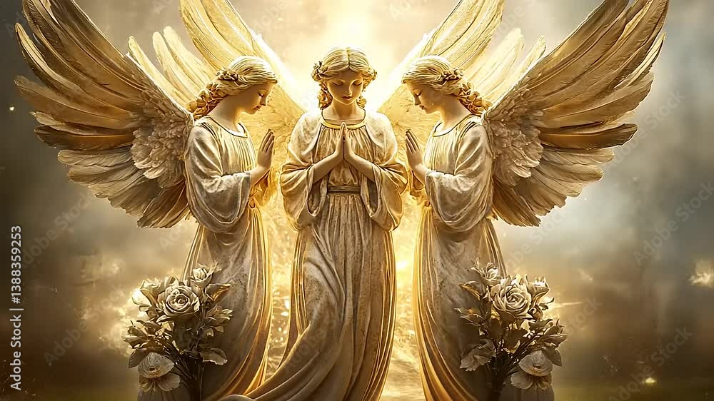 Three ethereal angels in prayer, surrounded by a radiant glow and soft clouds, symbolizing peace Three ethereal angels in prayer, surrounded by a radiant glow and soft clouds, symbolizing peace